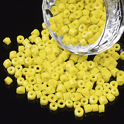 Yellow 6/0 Glass Bugle Beads, Opaque Colours, Yellow, 6/0 3.5~5x3.5~4mm, Hole: 1mm, about 4500pcs/bag