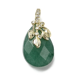 Зеленый Авантюрин Ограненные подвески-капли из натурального зеленого авантюрина, с латунной микропаве с отделкой в виде листьев из прозрачного кубического циркония, золотые, стойки покрытие, 24.5~25x13.5x7.5~8.5 мм, отверстие : 3x4.5 мм