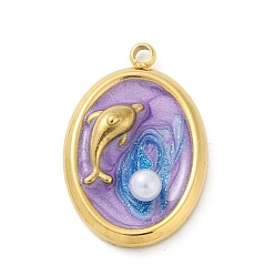 Oval Тема океана 304 эмалированные подвески из нержавеющей стали, с пластиковой имитационной жемчужиной, золотые, дельфин, овальные, 19x13x4 мм, отверстие : 1.4 мм