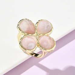 Вишневый агат Натуральные кольца на палец из граненого агата с эффектом цветущей сакуры, регулируемые по размеру., клевер, латунные кольца для обшивки стойки, золотые, 17 мм