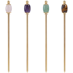 Golden 4Pcs Natural Tiger Eye & Natural Green Aventurine & Natural Amethyst & Natural Rose Quartz & Brass Hair Sticks, Barrel, Golden, 150mm