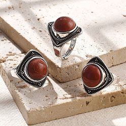 Красный Камень Регулируемые кольца из натуральной красной яшмы, старинные латунные кольца серебряного тона, ромб, 22 мм, внутренний диаметр: 18 мм
