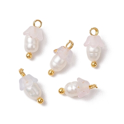 Льняное Полотно Цветочные акриловые подвески, с латунными штифтами с шаровидной головкой и бусиной из натурального культивированного пресноводного жемчуга, матовые, белье, 11.5x6 мм, отверстие : 1.6 мм