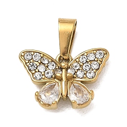 Clear 304 Stainless Steel Pendants, Butterfly Charms, with Rhinestone & Glass, Ion Plating(IP), Golden, Clear, 12x15x4mm, Hole: 6x3mm