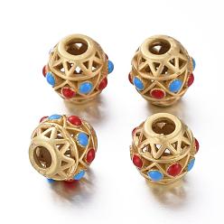 Красный Матовые полые бусины из латуни цвета золота, с эмалью, долговечный, круглые, красные, 10.5~11 мм, отверстие : 3.5 мм