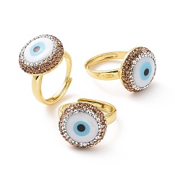 White Adjustable Natural Shell Evil Eye Ring with Rhinestone, Golden Brass Wide Ring for Women, White, Inner Diameter: 17.5~22mm