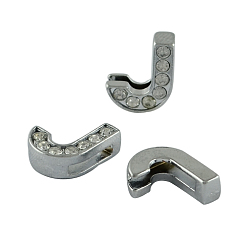 Letter J Alloy Initial Slide Charms with Grade A Rhinestones, Lead Free & Nickel Free, Platinum, Letter.J, 12~13x8~13x4~5mm, Hole: 8x2mm