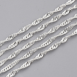 Серебро Сингапурские паяные латунные покрытые железом цепи, цепи водных волн, с катушкой, серебряный цвет гальваническим, 2x1.2x0.3 мм, около 328.08 футов (100 м) / рулон