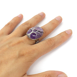 Аметист Натуральный аметист, обмотанный медной проволокой, с кольцами из сплава, платина, овальной формы с деревом жизни рисунком, 30x20 мм, внутренний диаметр: 20 мм