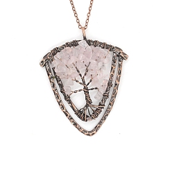 Rose Quartz Natural Rose Quartz Brass Wire Wrapped Pendants, with Alloy Fingdings, Triangle with Tree, Antique Bronze, 53x48mm
