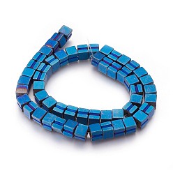 Blue Plated Electroplated Non-magnetic Synthetic Hematite Beads Strands, Frosted, Cube, Blue Plated, 8x7x8mm, Hole: 1.2mm, about 55pcs/strand, 15.94 inch(40.5cm)