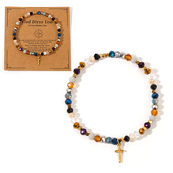 Colorful Natural Stone and Glass Faceted Rondelle Beaded Stretch Bracelets with Brass Religion Cross Charms for Women, Real 14K Gold Plated, with Paper Display Cards, Colorful, 6.89 inch(17.5cm)