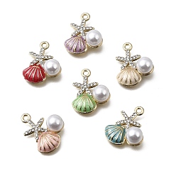 Mixed Color Alloy Enamel Pendants, Shell Shape with Starfish Charms, with Rhinestone & ABS Plastic Pearl, Golden, Mixed Color, 23x18.5x8.5mm, Hole: 1.8mm
