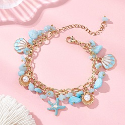 Белый Нефрит Браслеты из бусин из натурального белого нефрита, браслеты из сплава эмали для женщин, морская звезда и форма раковины, 7.48 дюйм (19 см)