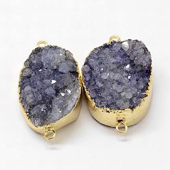 Темно-синий  Шифер Гальванические соединители из натурального и окрашенного агата друзы, с латунной фурнитурой золотого цвета, овальные, темно-синий, 30~42x15~27x9~12 мм, отверстие : 2 мм