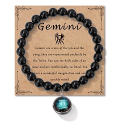 Близнецы Браслеты из круглых бусин с натуральным черным обсидианом, камень рождения, браслеты с подвесками в виде созвездия из сплава и смолы для мужчин и женщин, без поздравительной открытки, Близнецы