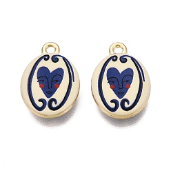 Marine Blue Valentine's Day Printed Alloy Pendants, Rack Plating, Oval & Heart Charms, Cadmium Free & Nickel Free & Lead Free, Golden, Marine Blue, 20x13.5x4mm, Hole: 1.8mm