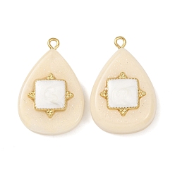 (404) Непрозрачное AB Кислое яблоко 304 подвески из нержавеющей стали смолы, каплевидный подвес с квадратным кулоном, с эмалью, золотые, цветочный белый, 32x21x7 мм, отверстие : 2 мм