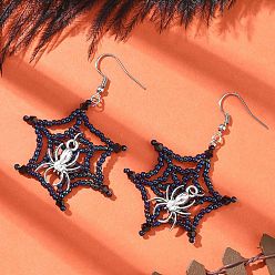 Морской Синий Тематика хэллоуина паутина с пауком серьги ручной работы из стеклянных бусин, с подвесками из сплава в тибетском стиле и 304 крючками для сережек из нержавеющей стали, цвет нержавеющей стали, Marine Blue, 57x33 мм