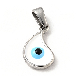 Stainless Steel Color 304 Stainless Steel Pendants, with Enamel, Teardrop with Evil Eye, Stainless Steel Color, 15.5x9x2.5mm, Hole: 4.5x2.5mm