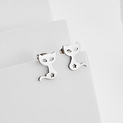 Stainless Steel Color 304 Stainless Steel Stud Earrings for Women, Cat Shape, with 316 Surgical Stainless Steel Pin, Stainless Steel Color, 13x10mm