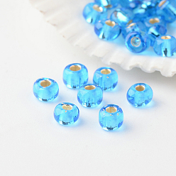 Deep Sky Blue 6/0 Grade A Round Glass Seed Beads, Silver Lined, Deep Sky Blue, 4x3mm, Hole: 1mm, about 4800pcs/pound