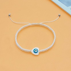 White Heart Evil Eye Shell Bead Braided Bead Bracelets, Adjustable Polyester Cord Bracelets for Women, White, Heart: 3/8 inch(1cm)