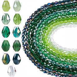 Green 11 Strands 11 Colors Mixed Styles Glass Beads Strands, Faceted, Teardrop, Green, 8x6mm, Hole: 1.2mm, about 65~67pcs/strand, 20.08 inch(51cm)