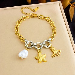 Shell Shape Duo Tone Ocean 304 Stainless Steel Sea Animals Charm Bracelets with Imitaiton Pearl for Women, White, Golden & Stainless Steel Color, Shell Shape, 6.97 inch(17.7cm), Pendant: 17.5~19.5x11~15.5mm