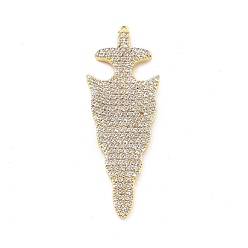 Настоящее золото 18K Латунные микропаве прозрачные подвески с фианитом, стойки покрытие, долговечный, без свинца и без кадмия, меч прелести, реальный 18 k позолоченный, 46.5x16.5x2 мм, отверстие : 0.8 мм