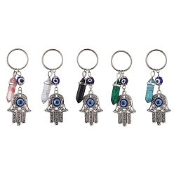 Смешанные камни Брелок-подвеска из сплава эмали с изображением руки хамсы и сглаза с пулей из синтетических смешанных драгоценных камней, железное кольцо для ключей, 8.85 см