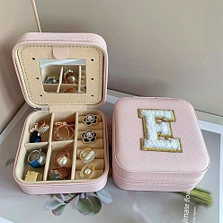 Letter E Letter Imitation Leather Jewelry Organizer Case with Mirror Inside, for Necklaces, Rings, Earrings and Pendants, Square, Pink, Letter E, 10x10x5.5cm