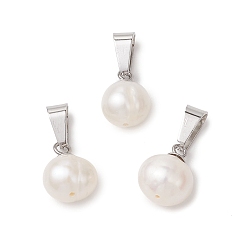 Нержавеющая Сталь Цвет Картофельные прелести из натурального культивированного пресноводного жемчуга, с защелкой из нержавеющей стали на поручнях, цвет морской раковины, цвет нержавеющей стали, 12.5x9~10x8~9 мм, отверстие : 7x3.5 мм