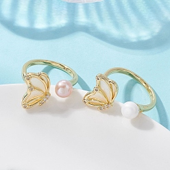 (52) Непрозрачная лаванда 2 шт. Кольца-манжеты из латуни в форме бабочки с микропаве из прозрачного кубического циркония и ракушечным орнаментом, с натуральным культивированным пресноводным жемчугом, реальный 18 k позолоченный, разноцветные, 18 мм, 1 шт / цвет