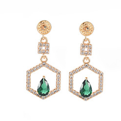 Green Brass Micro Pave Cubic Zirconia Stud Earring Findings, for Half Drilled Beads, Nickel Free, Pad Lock with Hexagon, Real 18K Gold Plated, Green, 25x11mm, Pin: 0.6mm, pin: 0.6(for half drilled beads)