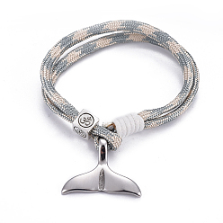 Dark Gray Mult-strand Bracelets, with Polyester & Spandex Cord Ropes , Alloy European Cube Beads, 304 Stainless Steel Pendants, Whale Tail Shape, Dark Gray, 7-5/8 inch(19.5cm)