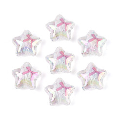 Pink Прозрачные акриловые бусины с УФ-покрытием, радужный, звезды с бантом, розовые, 19x20.5x9.5 мм, отверстие : 1.8 мм
