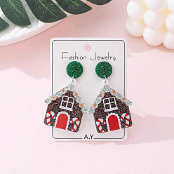 Кокосово-Коричневый Рождественские акриловые серьги-гвоздики с блестками в виде домика для женщин, кокосового коричневый, 50x30 мм