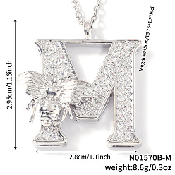 Letter M Ожерелья с подвесками из латуни с прозрачным кубическим цирконием и микропаве, платина, Буква М, 15.75 дюйм (40 см), Кулон : 29.5x28 мм