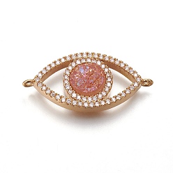 Light Salmon Brass Micro Pave Cubic Zirconia Links connectors, with Electroplate Natural Druzy Quartz, Eye, Golden, Light Salmon, 29x13~13.5x3~4.5mm, Hole: 1.2mm