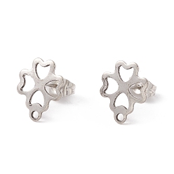 Нержавеющая Сталь Цвет Не тускнеет 201 фурнитура для сережек-гвоздиков из нержавеющей стали, с 304 штифтов из нержавеющей стали, горизонтальные петли и ушные гайки, клевер, цвет нержавеющей стали, 13x11 мм, отверстие : 1.4 мм, штифты : 0.8 мм