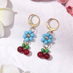 Небесно-голубой Серьги-кольца из натуральных бусин сердолика и стеклянных семян, 304 женские украшения из нержавеющей стали, цветок, золотые, голубой, 43x13 мм