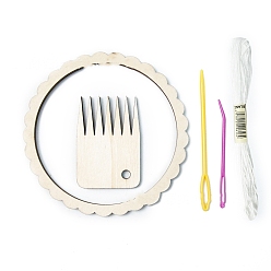 Round Wooden Mini Weaving Loom Kits, with 2Pcs Plasitc Needles, 1 Bundle Wool Threads, Hand Knitting Tools, Round Pattern, 10.3x0.5cm