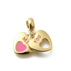 Ярко-Розовый Латунь эмаль подвески, сердце со словом любовь прелести, без свинца и без кадмия, долговечный, стойки покрытие, реальный 18 k позолоченный, ярко-розовый, 21 мм, отверстие : 3.8 мм