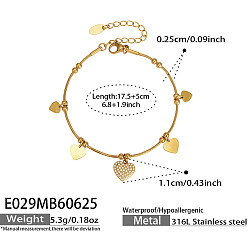 Golden 316L Surgical Stainless Steel Micro Pave Clear Cubic Zirconia Heart Charm Bracelets for Women, Golden, 6.89 inch(17.5cm)