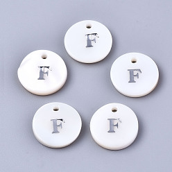Letter F Natural Freshwater Shell Pendants, with Platinum Plated Iron Etched Metal Embellishments, Flat Round with Initial Letter, White, Letter.F, 11x2mm, Hole: 1.5mm