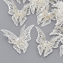 Серебро Соединители латунные звенья, с кристально горный хрусталь, без кадмия, без никеля и без свинца, бабочка, серебряный цвет гальваническим, 35x41x7 мм, отверстие : 1.2 мм