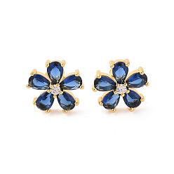 Прусский Синий Серьги-гвоздики из латуни с микропаве из кубического циркония, долговечный, цветок, платина, берлинская лазурь, 14x14 мм