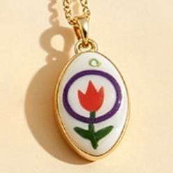 Roja Collares con colgante ovalado de latón esmaltado con estampado floral para mujer, dorado, rojo, 15.75 pulgada (40 cm)