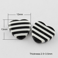 Black Striped Resin Cabochons, Heart, Black, 13x13x2.5~3.5mm